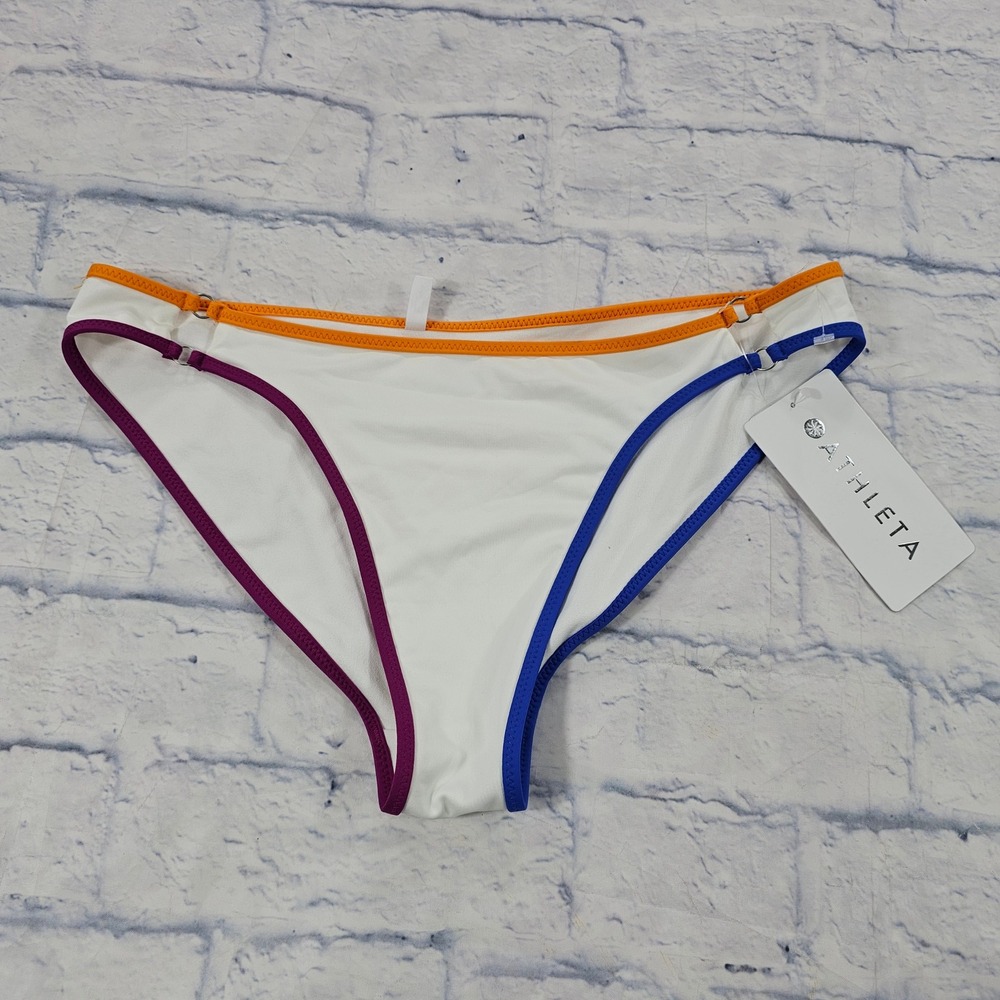 Athleta Kapalua Bikini Bottom WOMEN M White Multicolor Trim Low Rise Swim